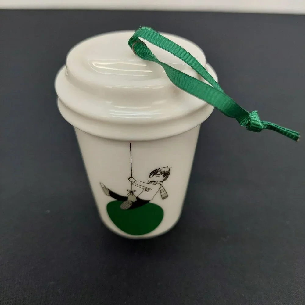 Starbucks Holiday 2015 Christmas Ornament Cup Green‎ Ribbon Boy on Balloon Mug